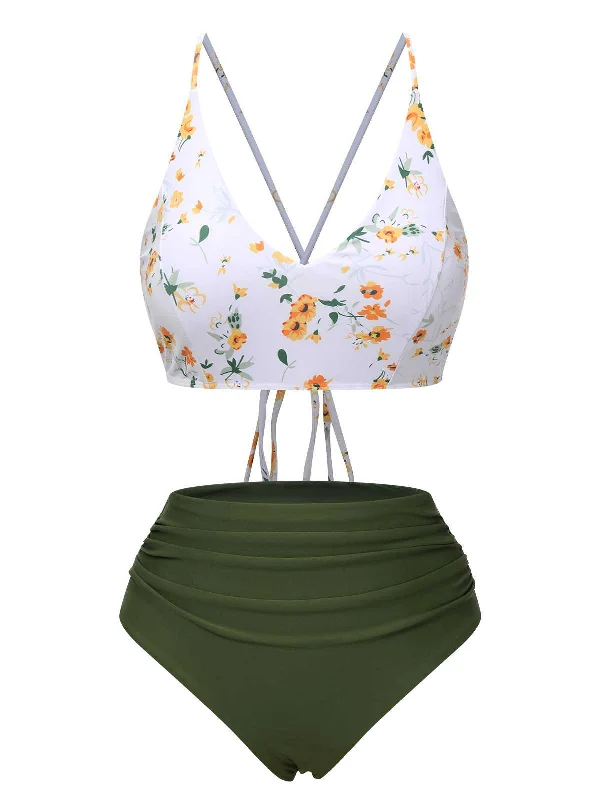 1950s Spaghetti Strap Floral Swimsuit Plunge Back Swimsuit