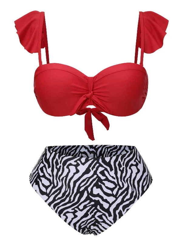 1950s Spaghetti Strap Leopard Ruffles Swimsuit Trendy Swimsuit Bottoms