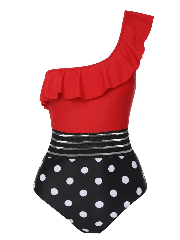 1960s One-Shoulder Ruffles Polka Dots Swimsuit Sleek Mesh Bikini