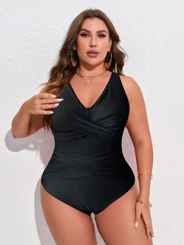 [Plus Size] Black 1940s Solid V-Neck One-Piece Swimsuit Classic Sporty Swimsuit