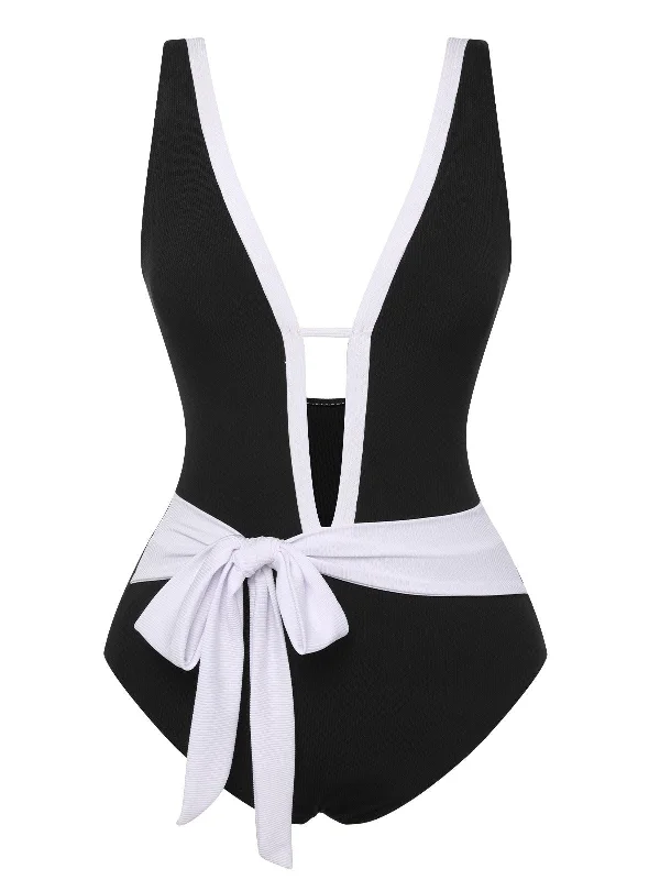 Black 1950s Deep V-Neck Waist Tie Swimsuit Beachy Ruffle Bikini