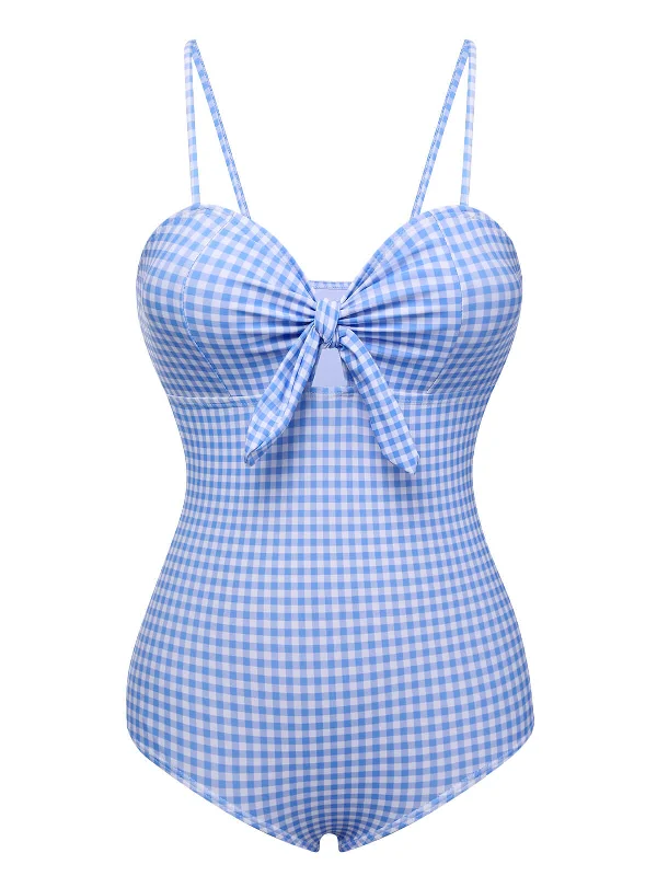 Blue 1950s Plaid Knot Strap Swimsuit Push-Up Swimsuit Top