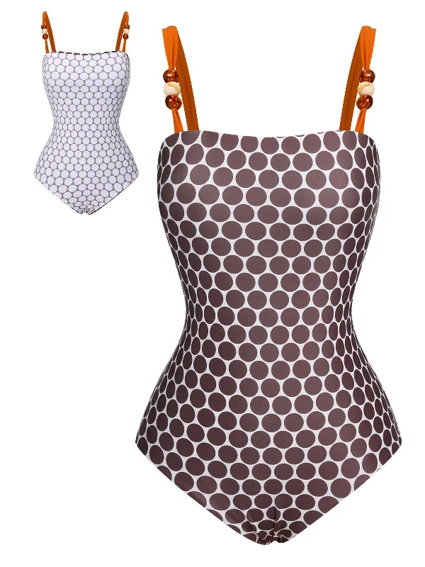 Brown 1930s Beads Straps Polka Dots Reversible Swimsuit Casual Swim Dress
