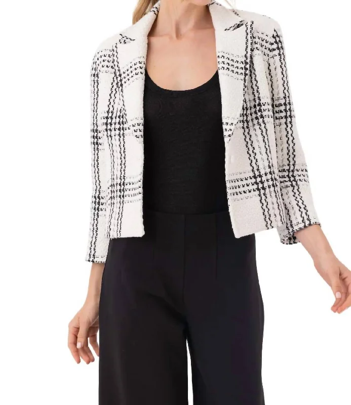 Geneva Blazer Jacket In Birch Plaid A-Line Jacket Boat Neck Shawl Collar