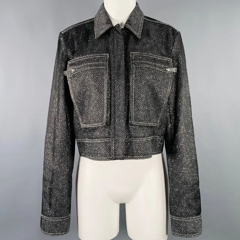 JONATHAN SIMKHAI Size M Black Silver Glittered Cropped Jacket Blazer Notch Collar Peter Pan Collar Cowl Neck