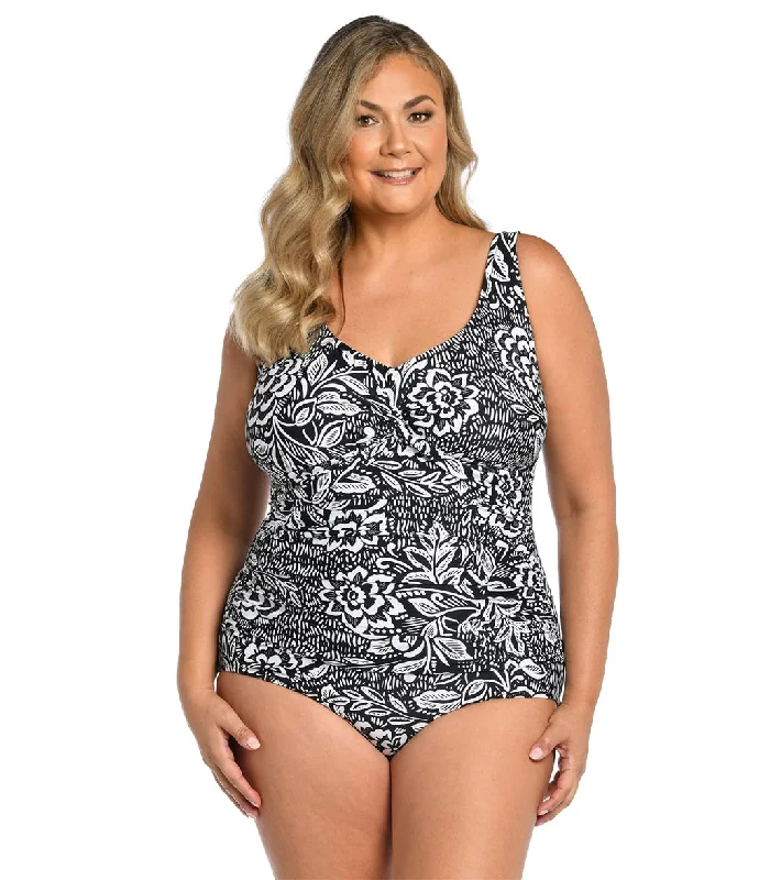 Maxine Women's Plus Size Tahitian Tribe Floral Twist Front One Piece Swimsuit Black Trendy Swimwear Set Maxine Women's Plus Size Tahitian Tribe Floral Twist Front One Piece Swimsuit Black Trendy Swimwear Set