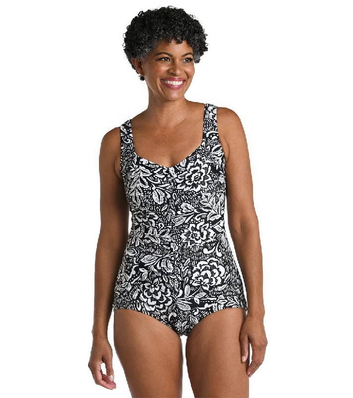 Maxine Women's Tahitian Tribe Floral Shirred Front Girl Leg One Piece Swimsuit Sporty Swimsuit Style Maxine Women's Tahitian Tribe Floral Shirred Front Girl Leg One Piece Swimsuit Sporty Swimsuit Style