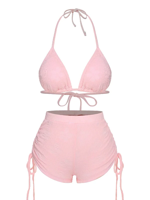 Pink 1960s Floral Lace-Up Halter Swimsuit Cross-Back Bikini