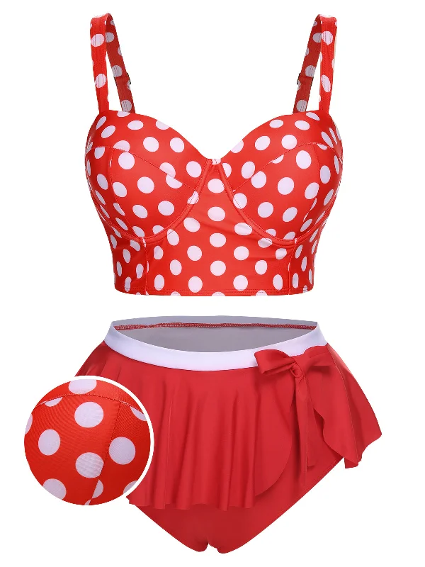 [Plus Size] 1930s Polka Dot Suspender Swimsuit Set Trendy Swimwear Set