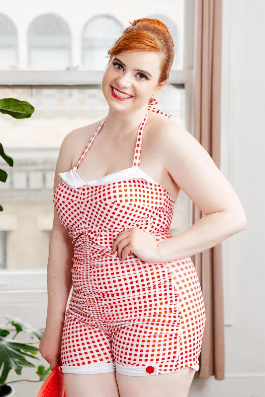 [Plus Size] Gingham 1950s Halter Bowknot One-piece Swimsuit Crisscross Back Swimsuit