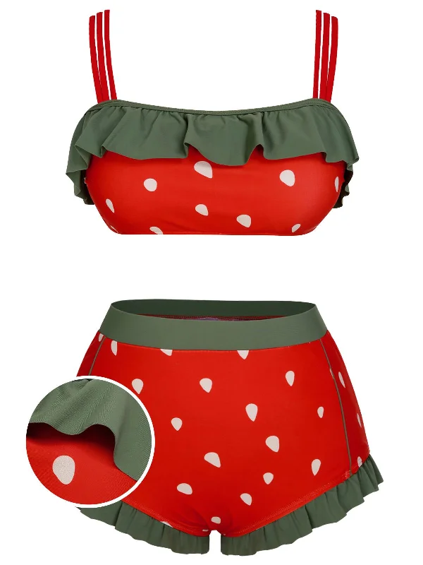 [Plus Size] Red 1950s Strawberry Ruffle Strap Swimsuit Fun Pattern Swimsuit