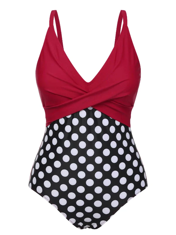 Red 1960s Polka Dot Patchwork Swimsuit Beach Ready Swimsuit