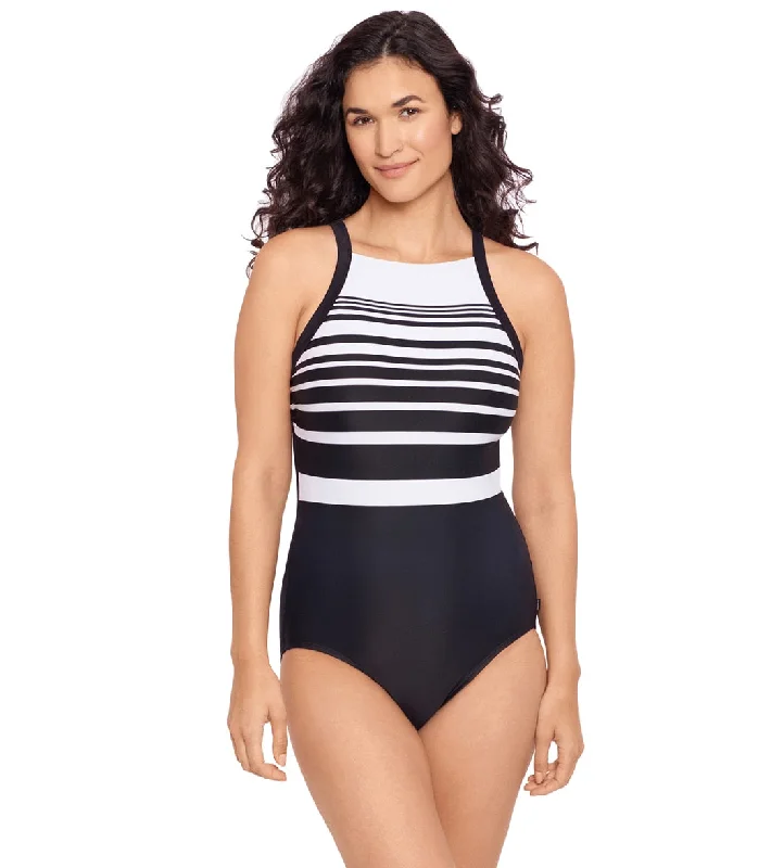 Reebok Women's Insta Stripe High Neck Chlorine Resistant One Piece Swimsuit Black/White High-Waisted Swimwear Reebok Women's Insta Stripe High Neck Chlorine Resistant One Piece Swimsuit Black/White High-Waisted Swimwear