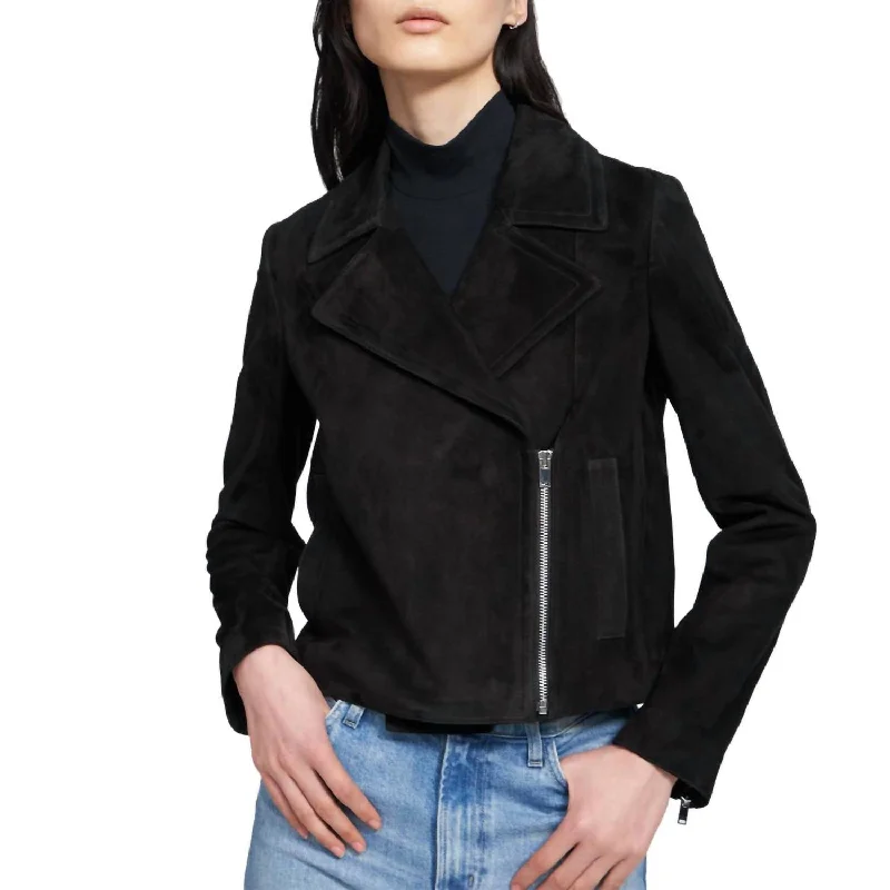 Slim Moto Jacket In Black Suede Zip Front Button Front Snap Front