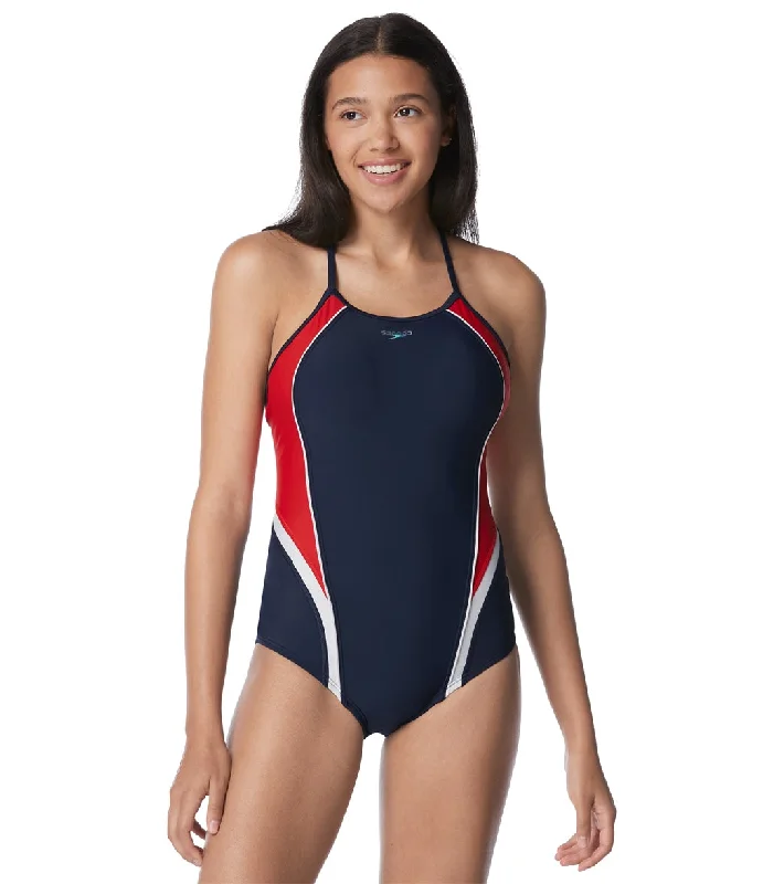 Speedo Women's Thin Strap Quantum One Piece Swimsuit Red/White/Blue Adjustable Swim Top Speedo Women's Thin Strap Quantum One Piece Swimsuit Red/White/Blue Adjustable Swim Top