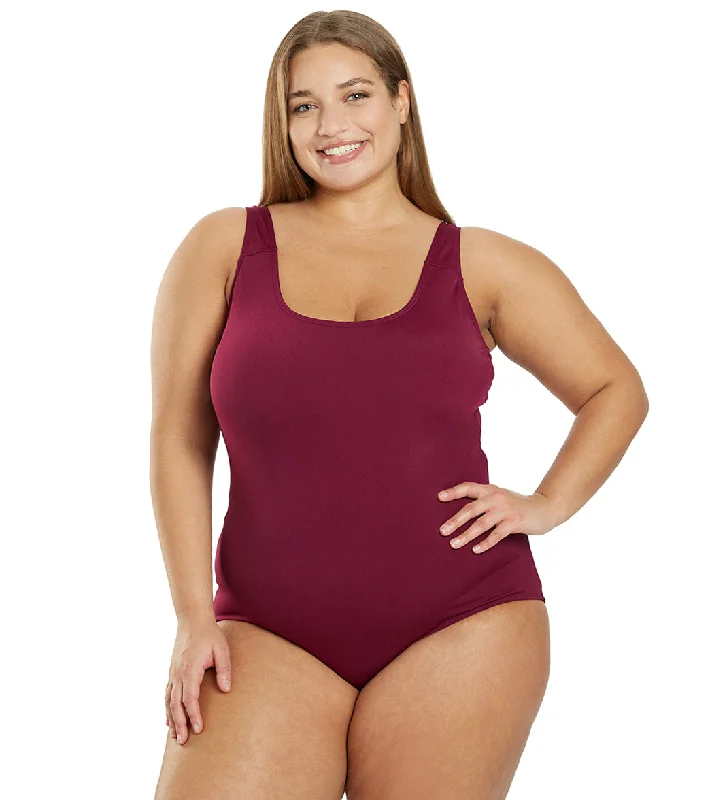 Sporti Plus Size HydroLast Chlorine Resistant Moderate Scoop Back One Piece Swimsuit Cabernet Flirty Ruffle Swimsuit Sporti Plus Size HydroLast Chlorine Resistant Moderate Scoop Back One Piece Swimsuit Cabernet Flirty Ruffle Swimsuit
