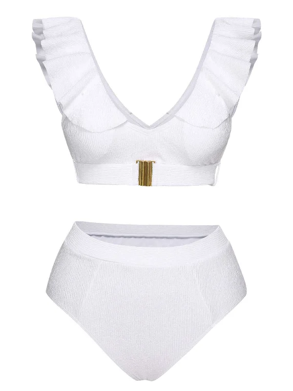 White 1950s Ruffles Solid Swimsuit Swimsuit with Skirt