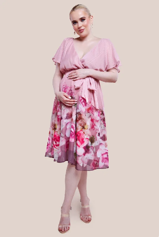 Goddiva Maternity Chiffon Lurex Floral Border Print Midi Dress - Blush Trendy Square Neck Midi Dress Goddiva Maternity Chiffon Lurex Floral Border Print Midi Dress - Blush Trendy Square Neck Midi Dress