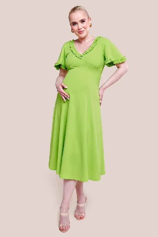 Goddiva Maternity Flare Sleeve Frill Edge Midi Dress - Lime Green Fashionable Sheer Sleeve Midi Dress Goddiva Maternity Flare Sleeve Frill Edge Midi Dress - Lime Green Fashionable Sheer Sleeve Midi Dress