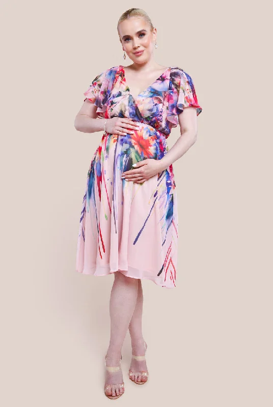 Goddiva Maternity Flutter Sleeve Floral Bodice Midi Dress - Blush Chic Bohemian Midi Dress Goddiva Maternity Flutter Sleeve Floral Bodice Midi Dress - Blush Chic Bohemian Midi Dress