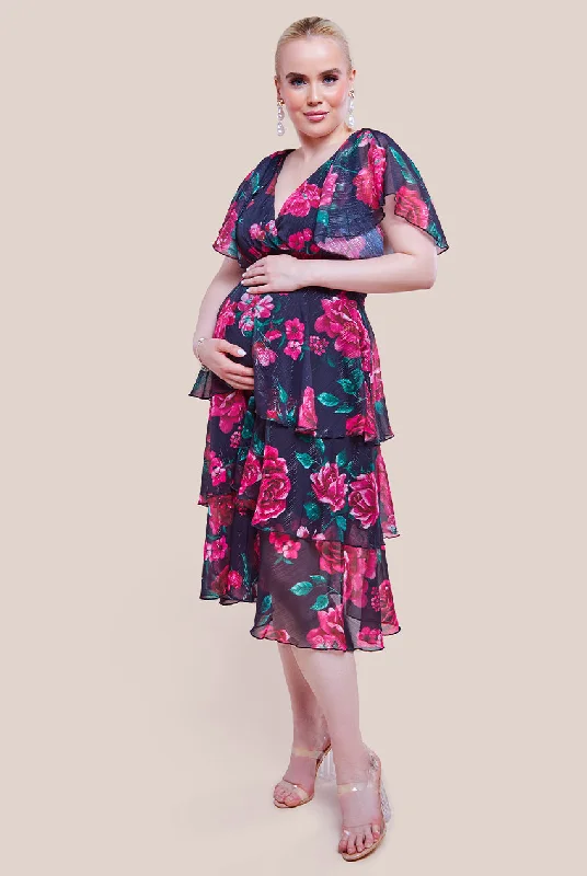 Goddiva Maternity Layered Floral Midi Dress With Flutter Sleeves - Black Floral Comfortable Casual Midi Dress Goddiva Maternity Layered Floral Midi Dress With Flutter Sleeves - Black Floral Comfortable Casual Midi Dress