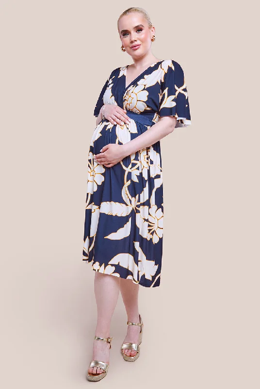 Goddiva Maternity Leaf Print Flutter Sleeve Midi Dress - Navy Stylish Halter Neck Midi Dress Goddiva Maternity Leaf Print Flutter Sleeve Midi Dress - Navy Stylish Halter Neck Midi Dress