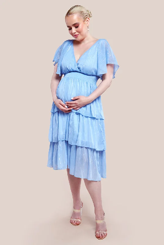 Goddiva Maternity Plain Lurex Chiffon Tiered Midi Dress - Light Blue Elegant Pleated Sleeve Midi Dress Goddiva Maternity Plain Lurex Chiffon Tiered Midi Dress - Light Blue Elegant Pleated Sleeve Midi Dress