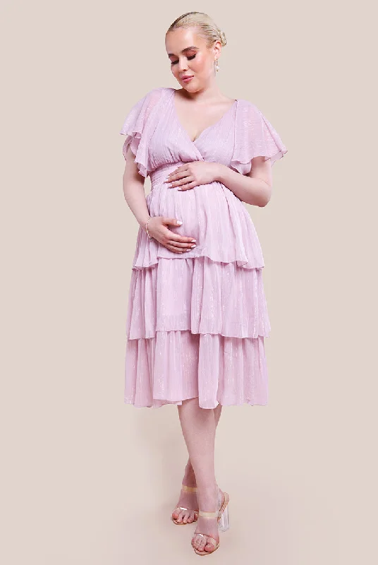 Goddiva Maternity Plain Lurex Chiffon Tiered Midi Dress - Pink Trendy Knit Midi Dress Goddiva Maternity Plain Lurex Chiffon Tiered Midi Dress - Pink Trendy Knit Midi Dress