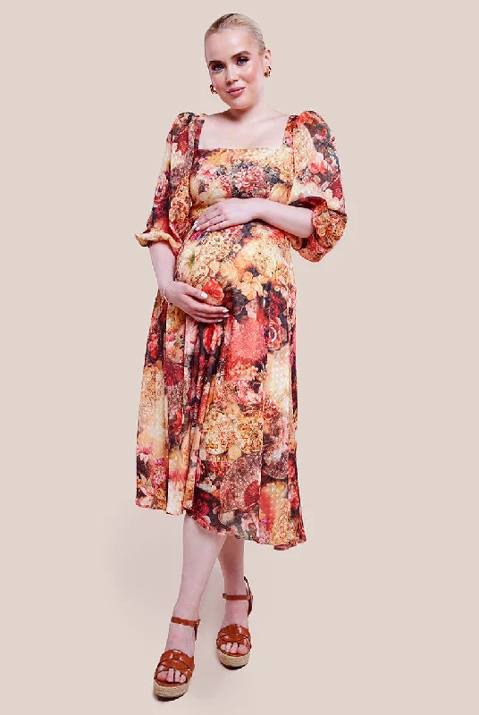 Goddiva Maternity Puff Sleeve Printed Shirred Back Midi Dress - Orange Cozy Wide Strap Midi Dress Goddiva Maternity Puff Sleeve Printed Shirred Back Midi Dress - Orange Cozy Wide Strap Midi Dress