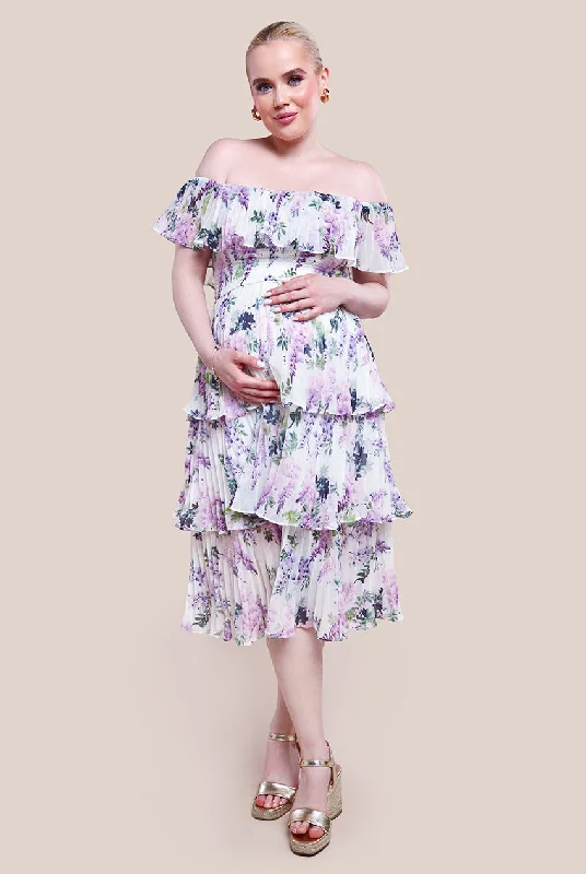 Goddiva Maternity Shirred Chiffon Floral Bardot Midi Dress - Multi Trendy Smocked Waist Midi Dress Goddiva Maternity Shirred Chiffon Floral Bardot Midi Dress - Multi Trendy Smocked Waist Midi Dress