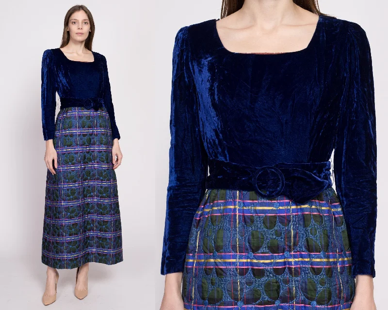 60s Blue Velvet & Quilted Skirt Maxi Dress - Small Elegant Maxi Dress with Lace