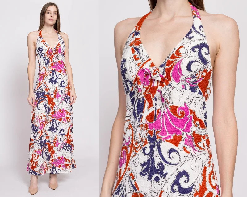 70s Psychedelic Trumpet Flower Print Halter Maxi Dress - XS to Small Stylish A-Line Maxi Dress 70s Psychedelic Trumpet Flower Print Halter Maxi Dress - XS to Small Stylish A-Line Maxi Dress
