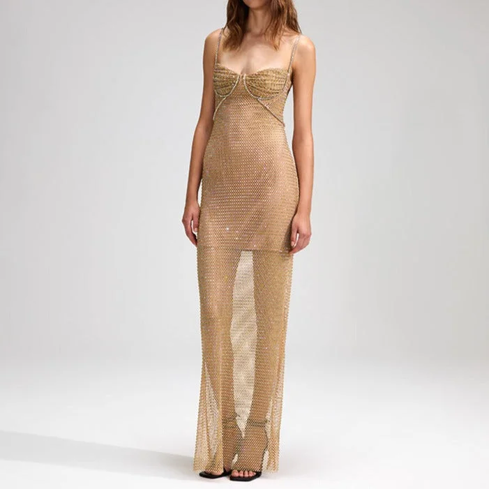 KittenAlarm - Astrid Embellished Fishnet Maxi Dress Trendy Fit-and-Flare Maxi Dress