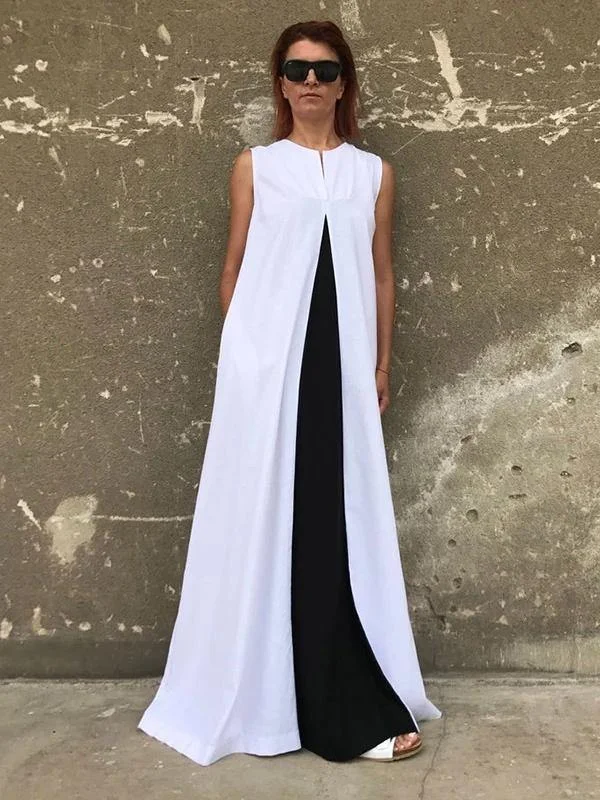 Bohemian white cotton clothes For Women sleeveless patchwork Maxi Dresses Stylish Button-Up Maxi Dress