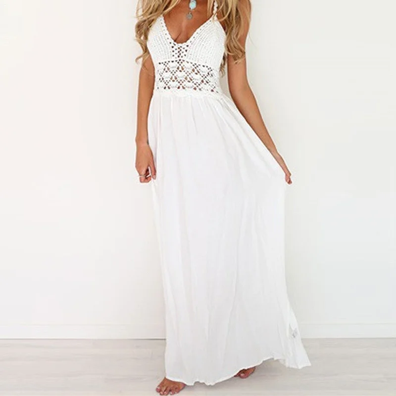 Boho Lace Patchwork Strapless Maxi Dress Fashionable Open-Back Maxi Dress