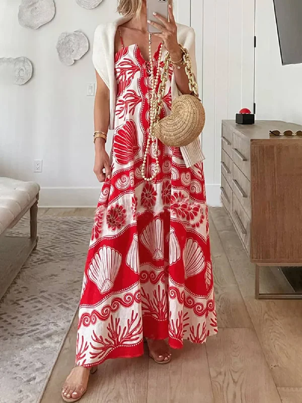 Shell Unique Print Front Graceful Lace-Up Loose Maxi Dress Fashionable Open-Back Maxi Dress Shell Unique Print Front Graceful Lace-Up Loose Maxi Dress Fashionable Open-Back Maxi Dress