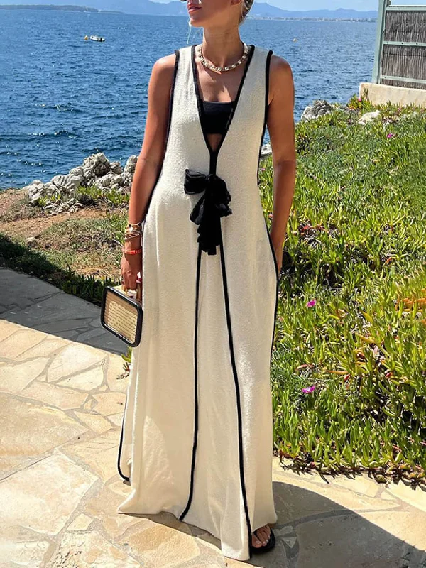 Contrast Color Self-Tie Charming Flowy Oversized Maxi Dress Fashionable Halter Neck Maxi Dress Contrast Color Self-Tie Charming Flowy Oversized Maxi Dress Fashionable Halter Neck Maxi Dress