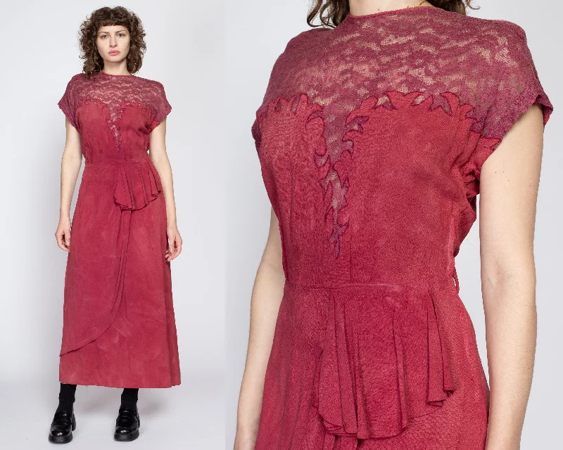 Large 1940s Raspberry Red Lace Illusion Bust Maxi Dress Trendy Maxi Dress with Bow