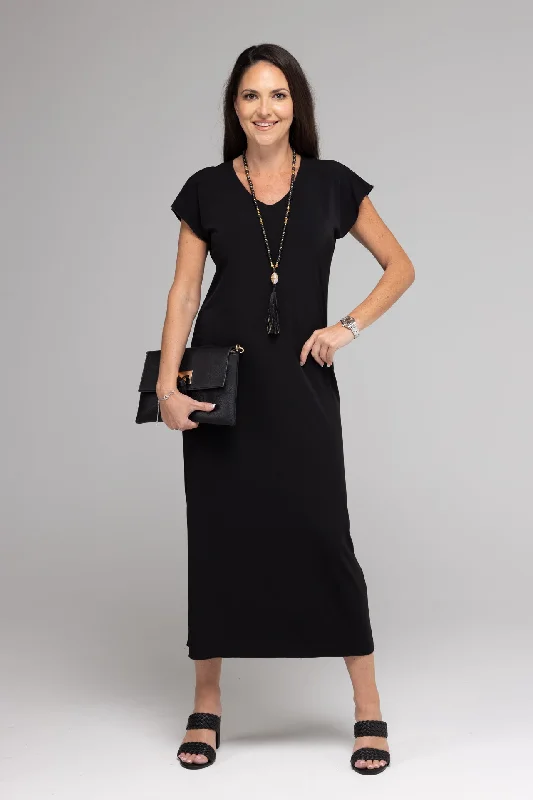 Black Short Sleeve Jersey Maxi Dress Comfortable Ruffle Hem Maxi Dress