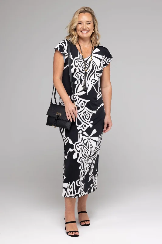 Maori Print Short Sleeve Jersey Maxi Dress Trendy Floral Print Maxi Dress