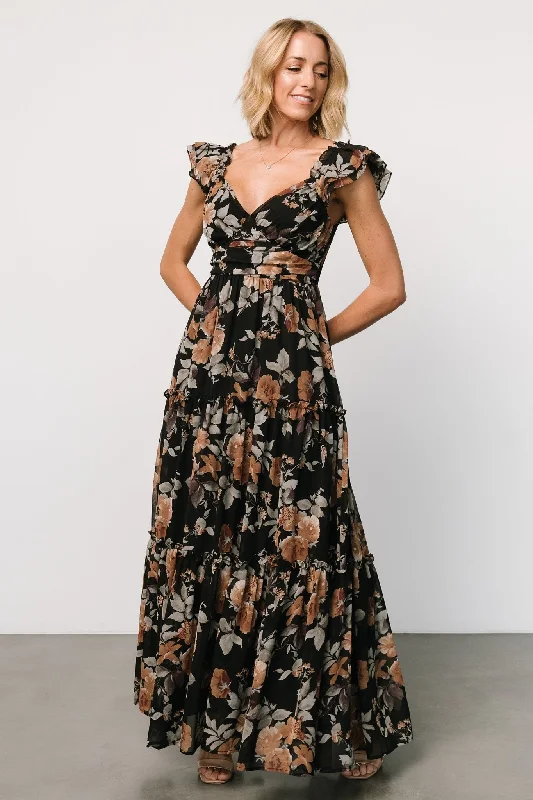 Martina Maxi Dress | Black + Copper Floral Fashionable Sheer Maxi Dress