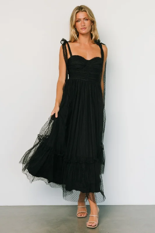 Mavani Swiss Dot Tulle Maxi Dress | Black Fashionable Chiffon Tiered Maxi Dress
