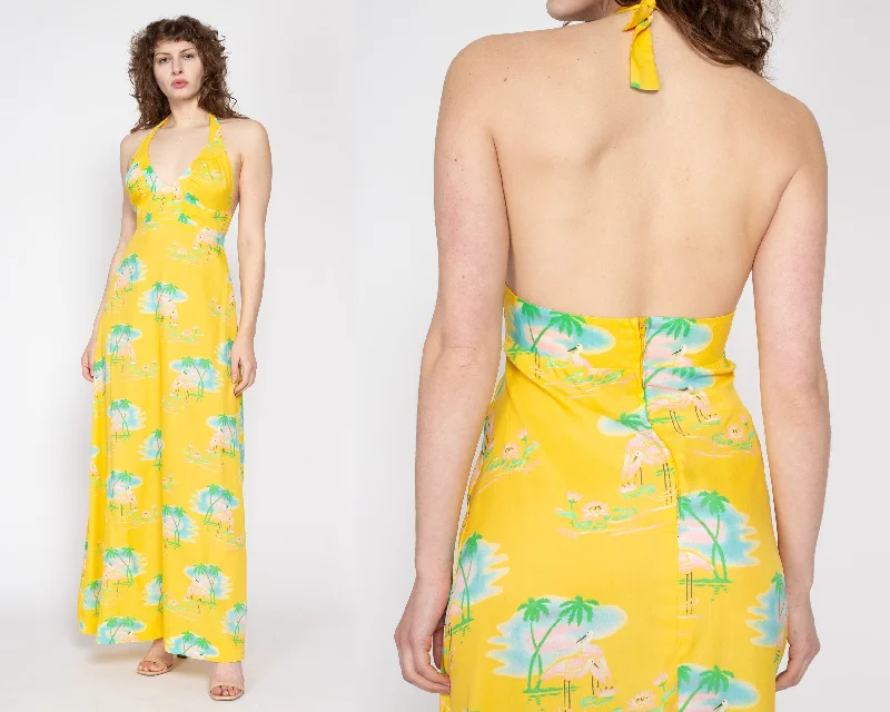Medium 70s Yellow Flamingo & Palm Tree Print Halter Maxi Dress Stylish Longline Maxi Dress Medium 70s Yellow Flamingo & Palm Tree Print Halter Maxi Dress Stylish Longline Maxi Dress