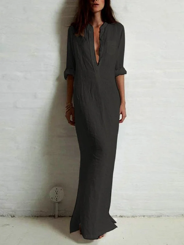 Simple Ramie Cotton Solid Modern Color Split-Side Maxi Dress Trendy V-Neck Maxi Dress Simple Ramie Cotton Solid Modern Color Split-Side Maxi Dress Trendy V-Neck Maxi Dress