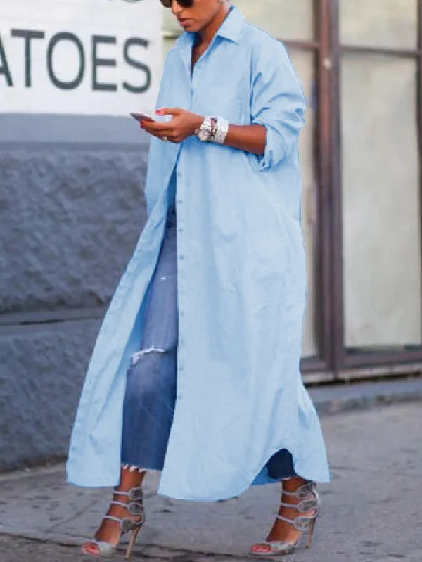 Simple Loose Buttoned Solid Modern Color Lapel Maxi Dresses Elegant Maxi Dress with Ruffles Simple Loose Buttoned Solid Modern Color Lapel Maxi Dresses Elegant Maxi Dress with Ruffles