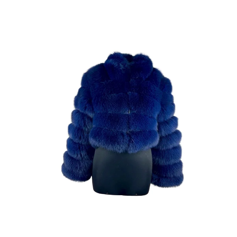 Women's Royal Blue Cropped Fox Fur Jacket Style # 3400 Satin Jacket Silk Jacket Chiffon Jacket Women's Royal Blue Cropped Fox Fur Jacket Style # 3400 Satin Jacket Silk Jacket Chiffon Jacket