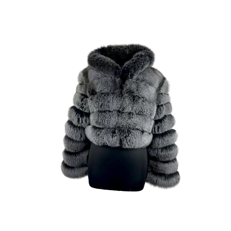 Women's Black Brissa Cropped Hooded Fox Fur Jacket Style # 3500 Rayon Fabric Velvet Fabric Corduroy Fabric Women's Black Brissa Cropped Hooded Fox Fur Jacket Style # 3500 Rayon Fabric Velvet Fabric Corduroy Fabric