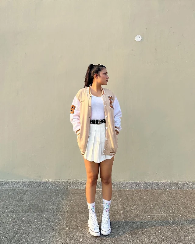 Beige Varsity Jacket with PU sleeves Chenille Jacket Brocade Jacket Lace Jacket