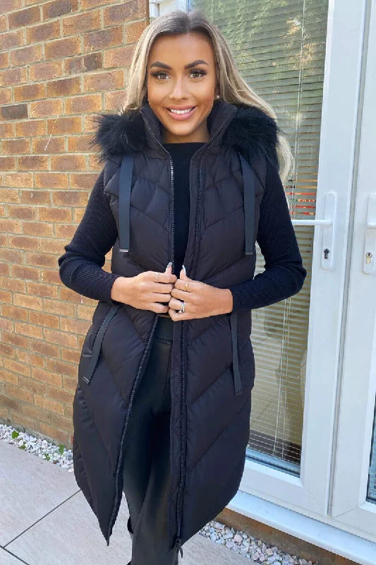 Black Faux Fur Hooded Gilet Hoodie with V-Neck Classic Versatile