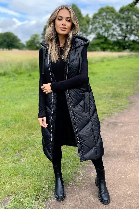 Black Hooded Puffer Gilet Hoodie with Sequins Glamorous Eye-catching